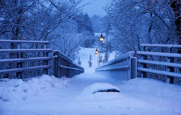 Picture winter, snow, bridge, photo, the evening, lights, Andre Villeneuve