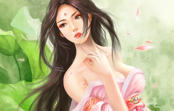 Leaves, girl, background, petals, art, Asian