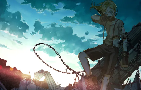 Picture the sky, clouds, sunset, art, chain, guy, vocaloid, Vocaloid