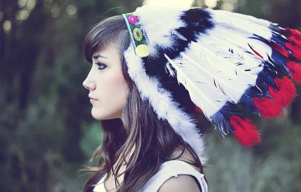 Girl, face, blur, feathers, profile, headdress