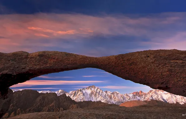 The sky, mountains, arch, Utah, twilight