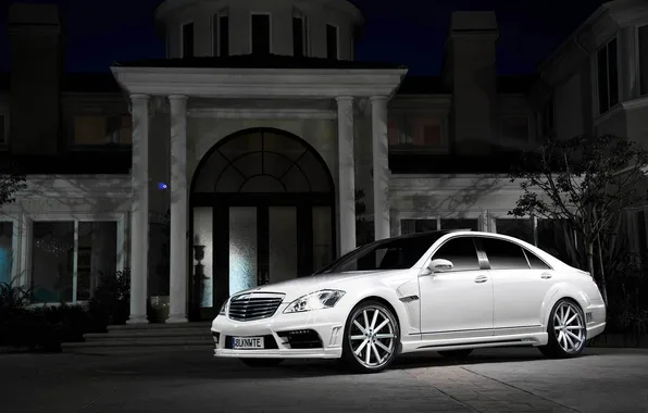 Picture white, night, house, Mercedes-Benz, shadow, AMG, the front part, Mercedes Benz