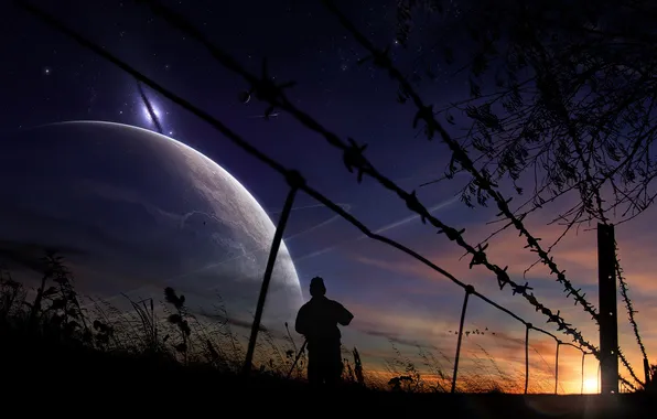 The sky, grass, the sun, space, sunset, the fence, people, planet