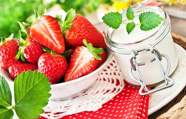 Strawberry, dessert, berries, strawberry, berries, yogurt, mint, yogurt