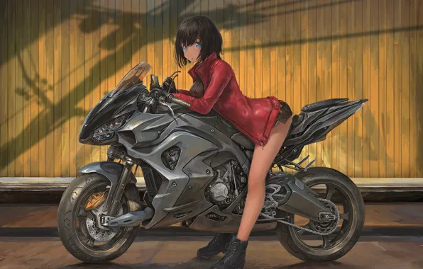 Road, shorts, blue eyes, Street, motorcycle, short hair, digital art, fan art