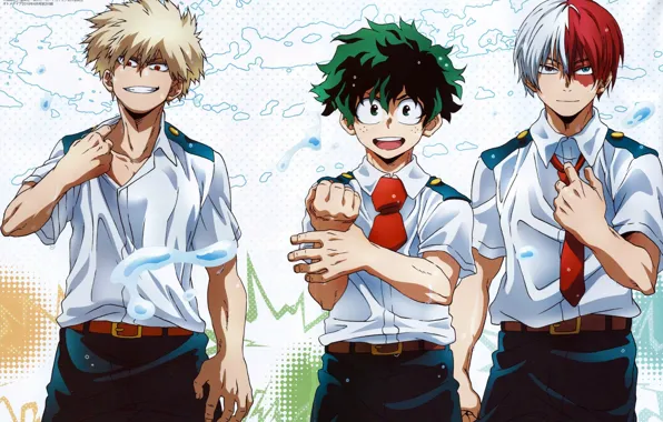 Guys, characters, Boku no Hero Academy, Midori Isuku, Todoroki Shoto, My heroic academia, Bakuga Katsuki
