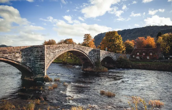 The sky, trees, mountains, house, river, Bridge, house, river