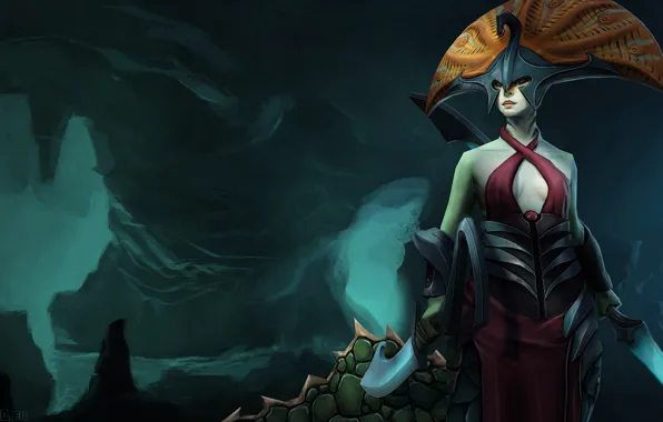 Picture girl, art, cave, Dota 2, headdress, Naga Siren