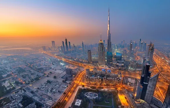 Road, the sky, the city, skyscrapers, top, Dubai, the view from the top, top