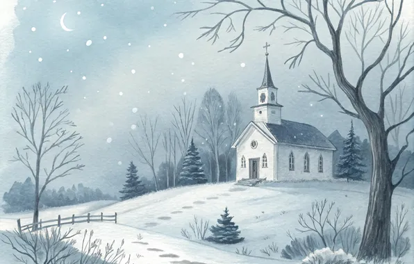 Winter, snow, tree, the moon, Church, AI art, neural network