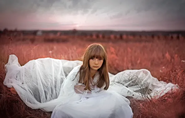 Field, dress, girl, little girl