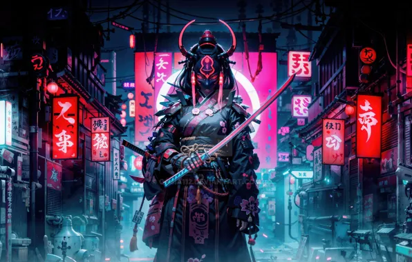 Picture neon, samurai, tokyo, futuristic