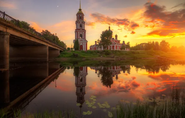 Picture sunset, bridge, nature, reflection, river, Church, Russia, Ed Gordeev