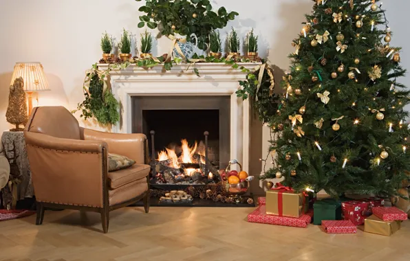 Decoration, holiday, gift, tree, new year, Christmas, fireplace