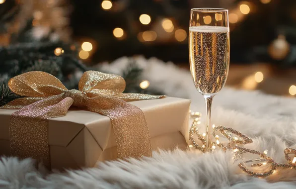 Lights, box, wine, glass, Christmas, New year, banner, fur