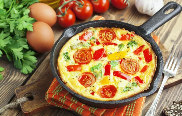 Eggs, tomatoes, garlic, pan, omelette, Frittata