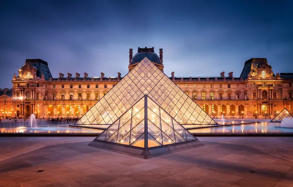 The city, France, Paris, the evening, The Louvre, lighting, backlight, area