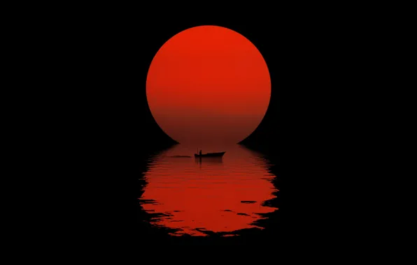The sun, night, reflection, boat, silhouette, black background, night, sun