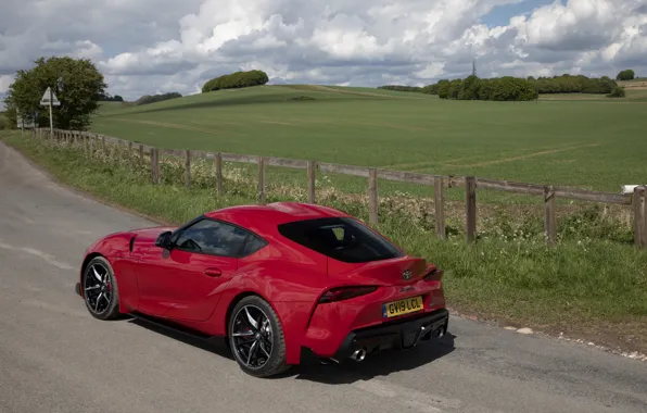 Picture road, grass, red, the fence, coupe, Toyota, Supra, the fifth generation