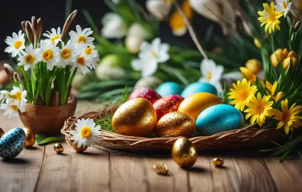 Flowers, eggs, spring, colorful, Easter, happy, flowers, spring