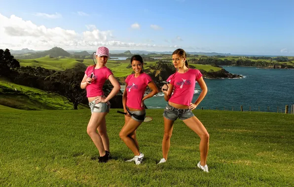 Landscape, smile, background, shorts, view, t-shirt, racket, legs