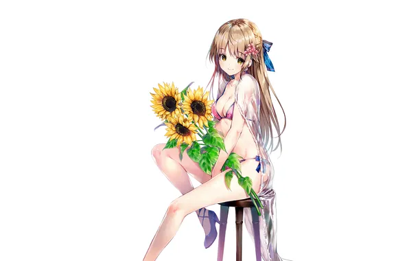 Girl, sexy, cleavage, long hair, legs, boobs, anime, flowers