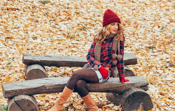 Picture autumn, girl, bench, smile, hat, boots, shirt