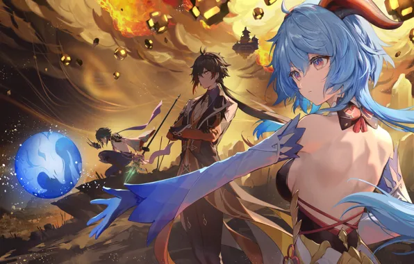 Girl, fire, magic, fantasy, guys, the battle, Xiao, Genshin Impact