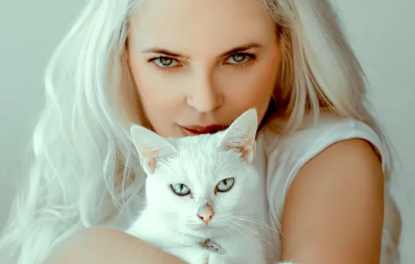 Girl, studio, cat, blue eyes, hug, fur, portrait, white hair