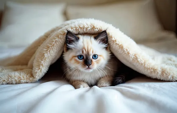 Cat, look, pose, kitty, bed, pillow, shelter, baby