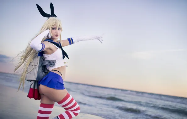 Picture ass, model, women, cosplay, smiling, miniskirt, looking at viewer, thigh high socks
