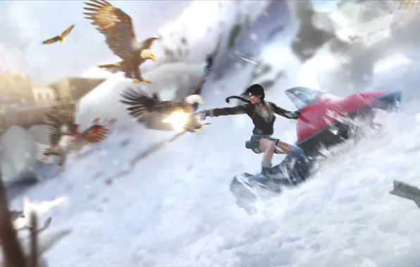 Girl, snow, birds, lara croft, the eagles, tomb raider, snowmobile, tibet