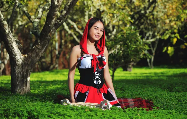 Picture forest, smile, little red riding hood, costume, Li Moon