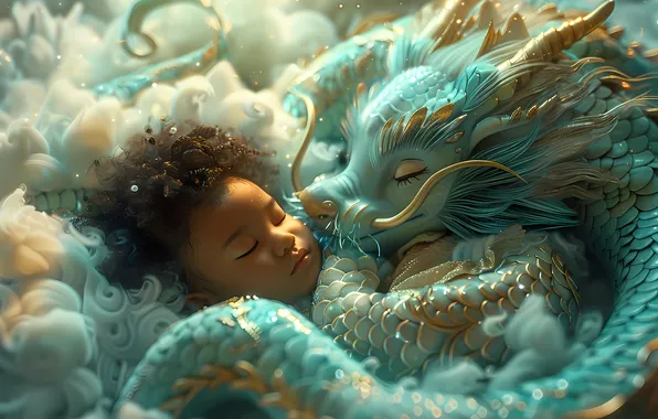 Face, clouds, pose, green, dragon, child, sleep, boy