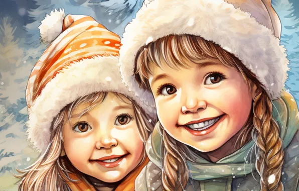 Winter, Smile, Christmas, New year, Tree, Two, Girls, Joy