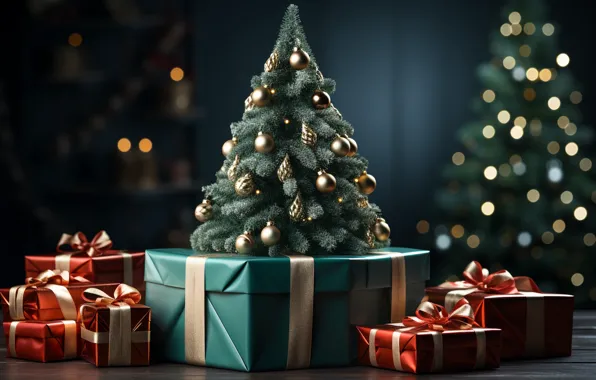 Balls, lights, the dark background, box, Christmas, gifts, red, New year
