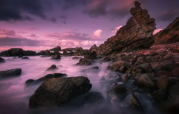 Sea, the sky, clouds, landscape, sunset, stones, rocks, Wallpaper from lolita777