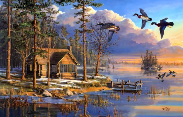 Picture house, forest, flying, lake, sunrise, painting, spring, Mary Pettis