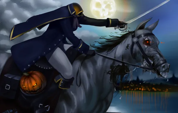 Night, the moon, horse, pumpkin, rider, head, Halloween, without