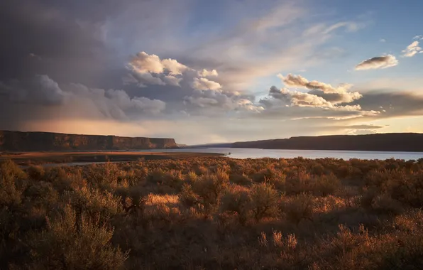 Picture the sky, the sun, clouds, river, rocks, landscape, USA, the bushes