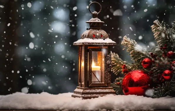 Winter, snow, decoration, night, New Year, Christmas, lantern, light