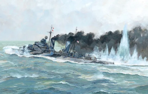 Sea, wave, smoke, figure, bursts, battle, art, cruiser