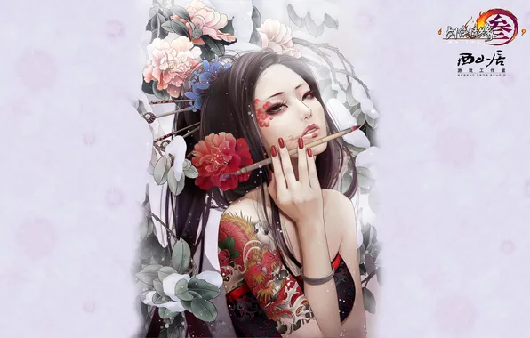 Picture girl, flowers, art, tattoo, Asian, brush