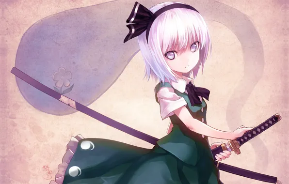 Katana, white hair, sheath, hair bow, Myon, Konpaku Youmu, Touhou Project, Project East