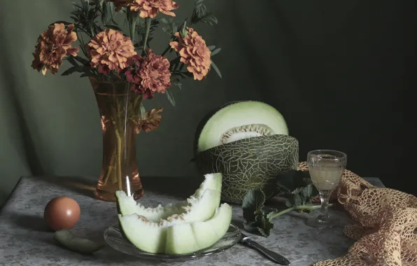 Flowers, glass, melon