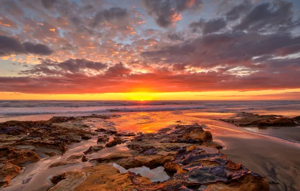 Sea, beach, clouds, sunset, shore, surf, sunset sky