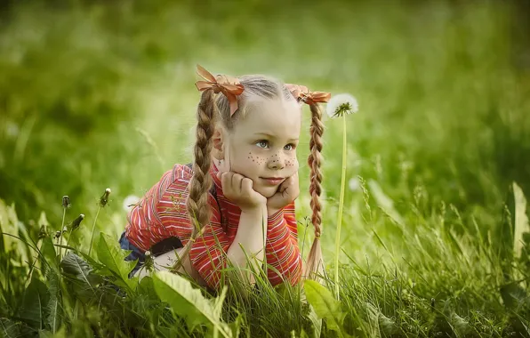 Summer, grass, look, nature, girl, freckles, braids, bows