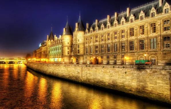 Picture night, lights, river, Paris, HDR