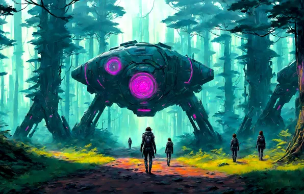 Fantasy, forest, soldiers, Robot, trees, science fiction, sci-fi, digital art