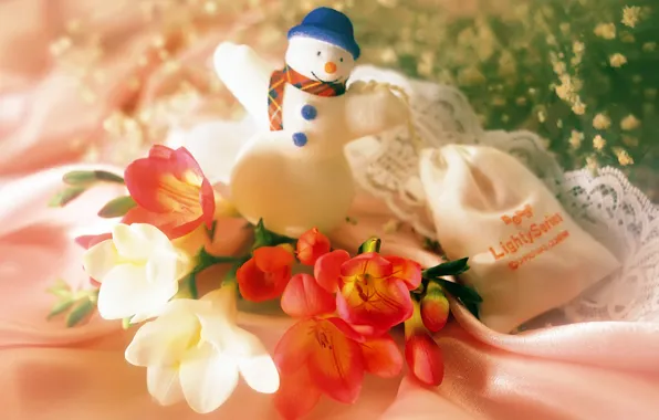 Picture flowers, new year, snowman